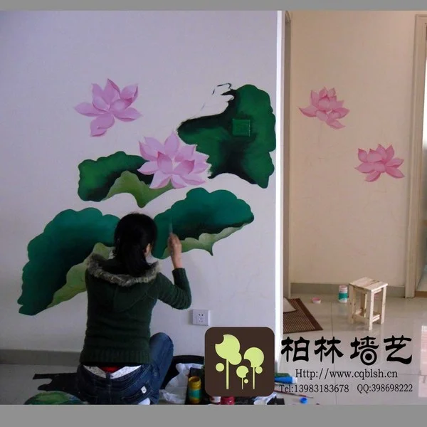荷花手绘墙绘制