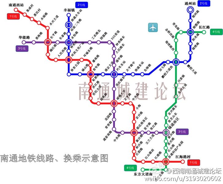 网上盛传的南通轨道交通详细线路规划换乘图 世茂这边是1号线和3号线