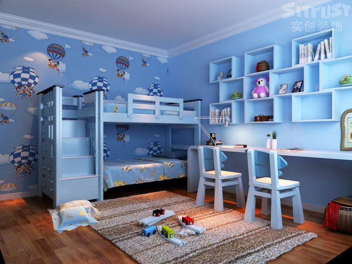 是儿童房的便捷的选择,错落有致的蓝色置物柜迎合了房间整体的色调,也