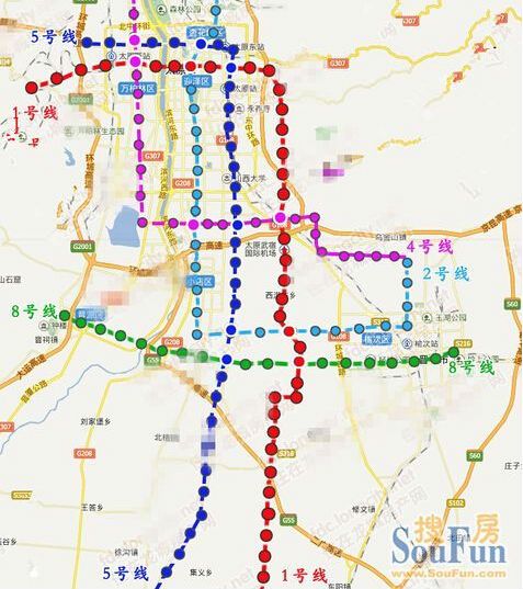 2号线经人民路,汾东绿带,科技创新城中心区,延伸至榆次北部副中心和