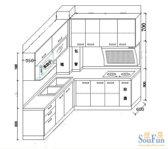 橱柜尺寸二:地柜宽度   这个和水槽的大小有关,能放进最大水槽子