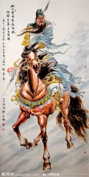 骑马的关公很勇猛,强劲,关公一般骑着赤兔马,拿青龙偃月刀.