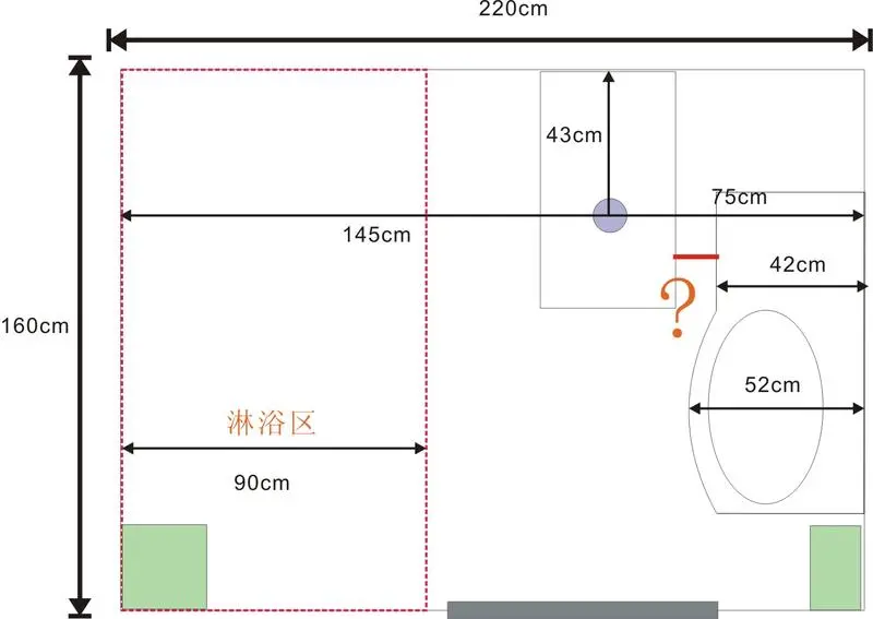 1.6米x2米卫生间平面图,1.6x2米卫生间布置图 先介绍一下我家卫生间的情况,贴砖后净空2.2*1.6m.平面图如下