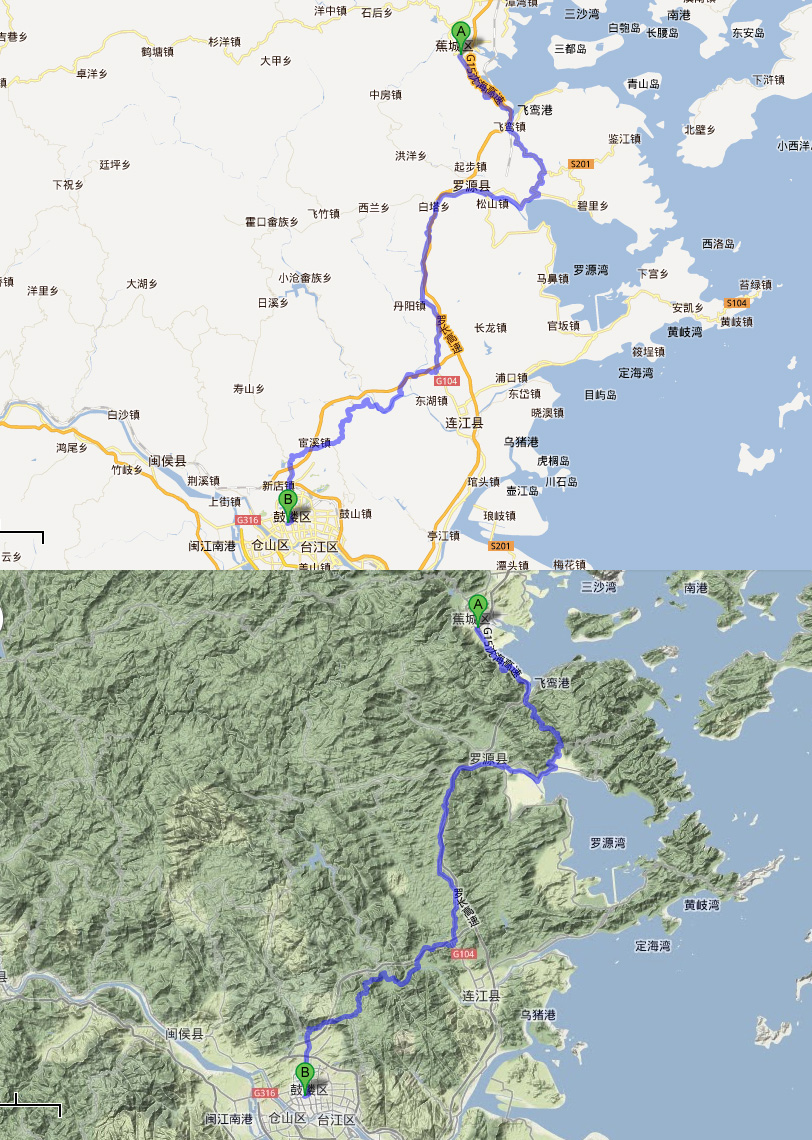 起点:福建省宁德市中心 过罗源县,丹阳镇 到达福州.全程119公里.图片