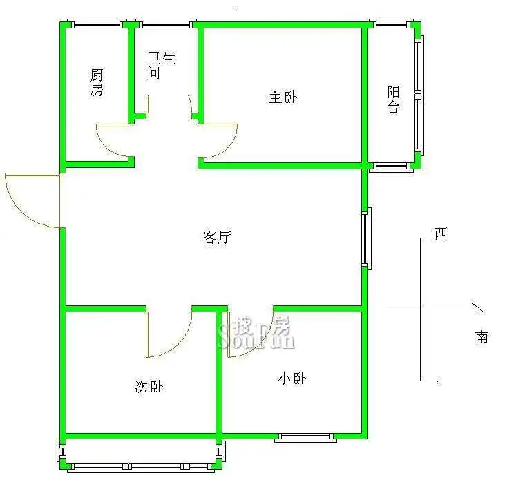 红光一区红光一区 3室 户型图 3室1厅1卫1厨 80.00㎡